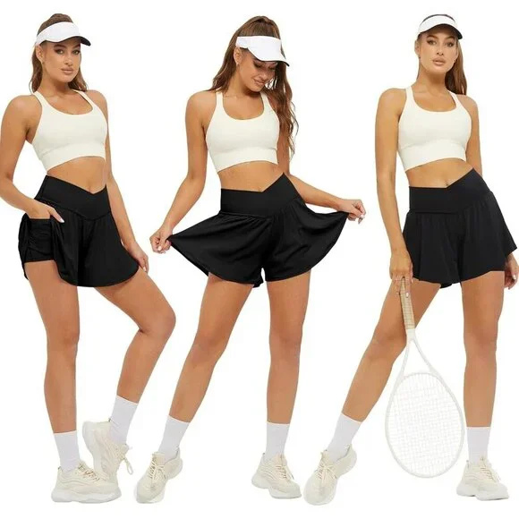 Women 2 in 1 Flowy Running Shorts with Pockets Spandex Butterfly Athletic Short - Picture 4 of 4